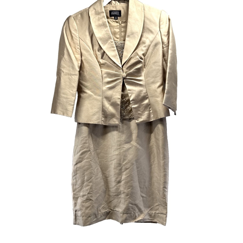 Adrianna Papell 2 Piece Dress Jacket Beige Beaded Silk Cotton Lined Sz 4P Petite